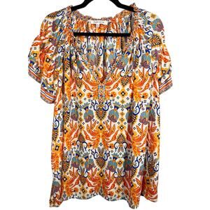 Rose + Olive, Size 3X, Orange, White & Blue Relaxed Blouse, Flowy, Boho, EUC